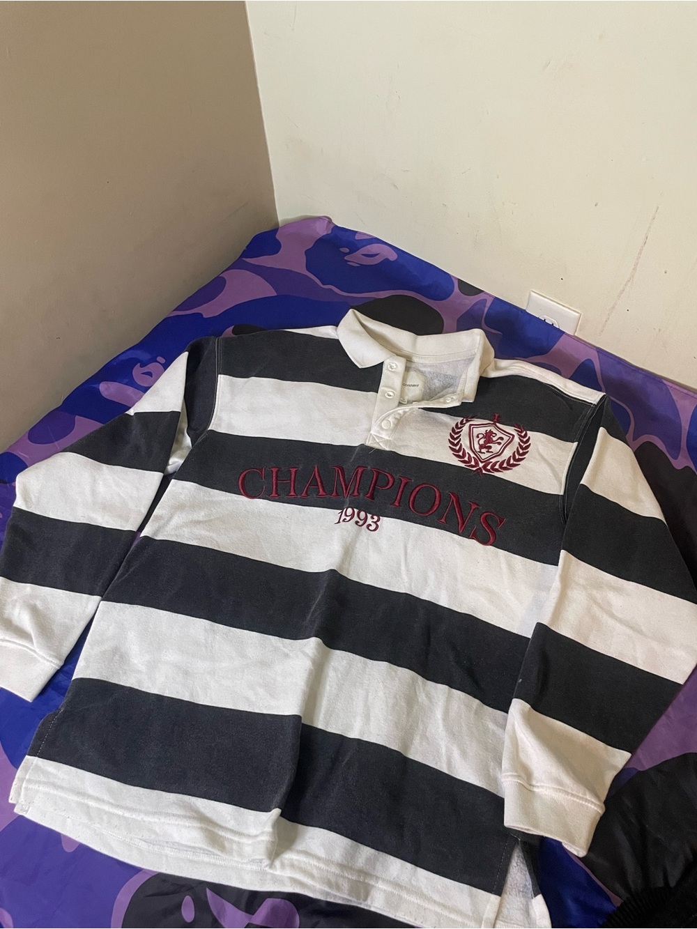 Source Unknown Black & White Striped Rugby Polo with Red Embroidery